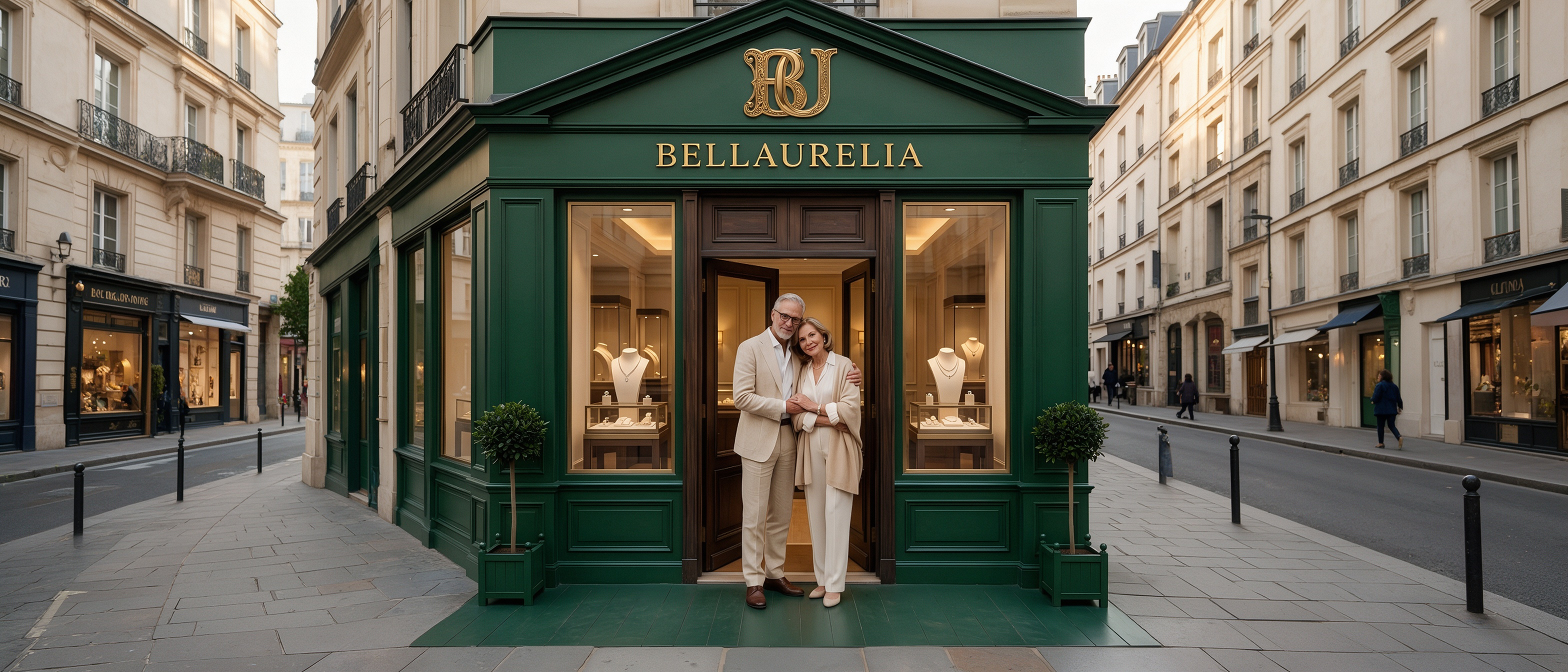 Bellaurelia luxury jewelry boutique exterior, classic deep green parisian store front, couple standing at entrance, jewellery display window with necklaces and rings, high-end fine jewelry brand banner