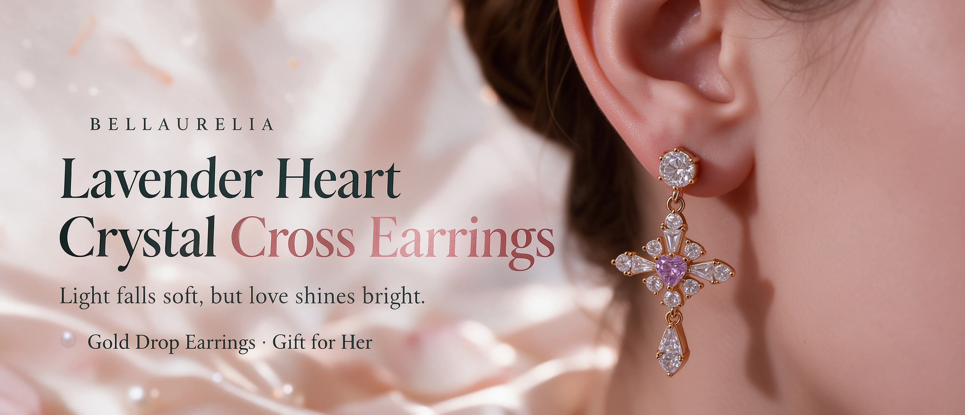 Lavender heart cubic zirconia cross drop earrings, gold plated vintage cross dangle earrings for women, romantic bridal jewelry