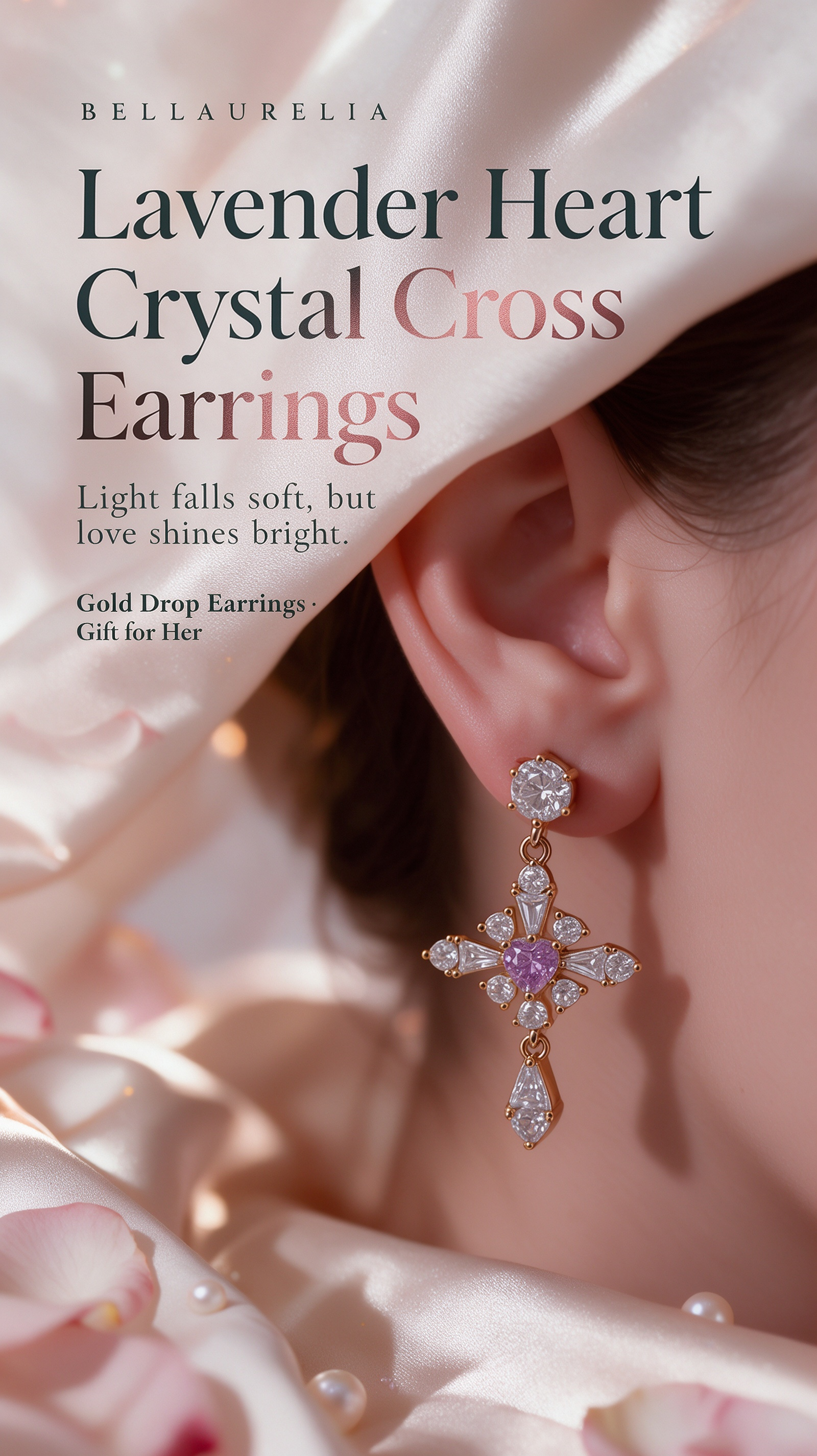 Elegant gold cross dangle earrings, center lavender heart cubic zirconia surrounded by clear cz stones, vintage romantic statement drop earrings, wedding and banquet jewelry for her