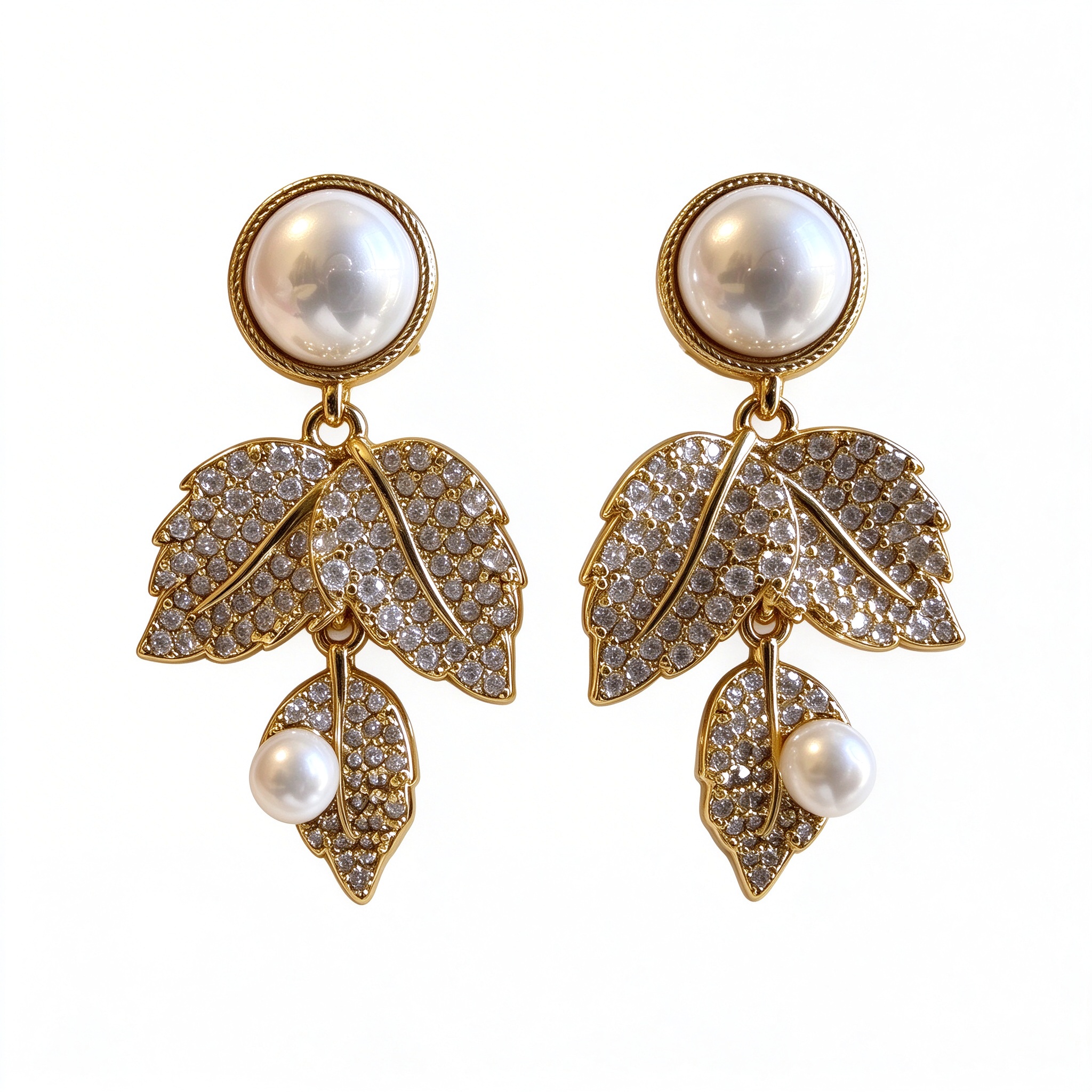 Bellaurelia Luminous Pearl & Pavé Crystal Leaf Drop Earrings