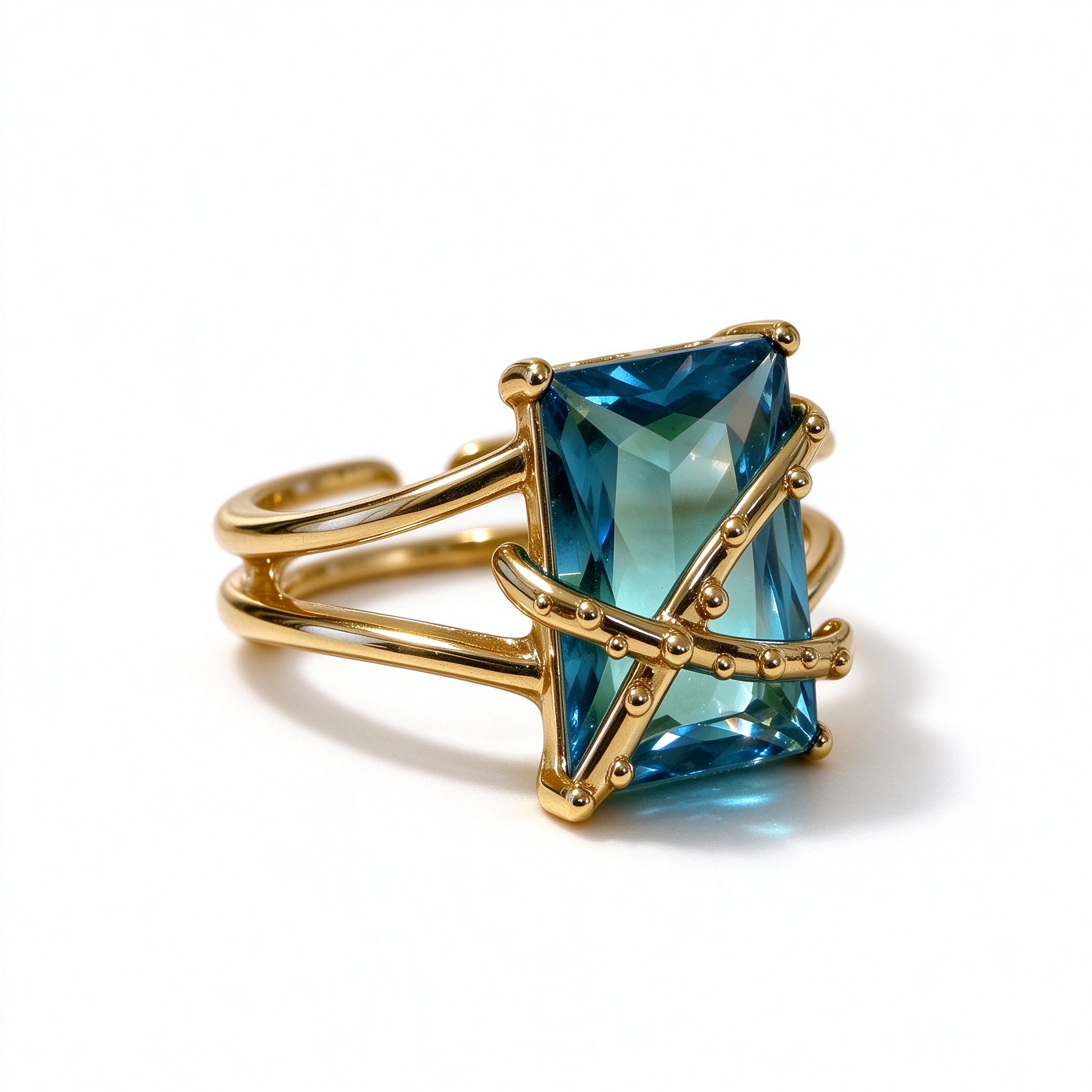 Bellaurelia Ethereal Emerald-Cut Blue Gemstone Botanical Gold Ring
