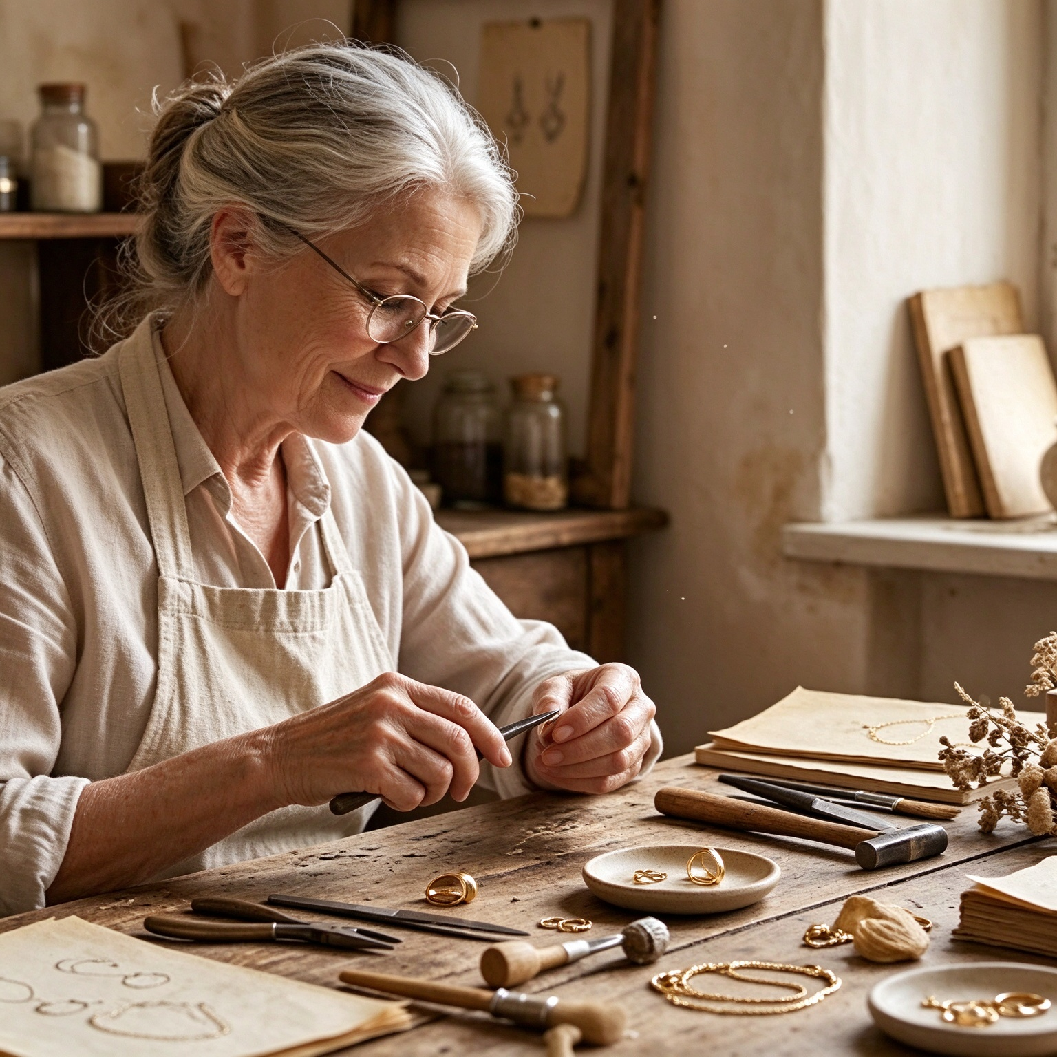 An elegant senior female artisan meticulously handcrafting gold jewelry at a rustic wooden workbench in a sunlit studio for Bella Aurelia.