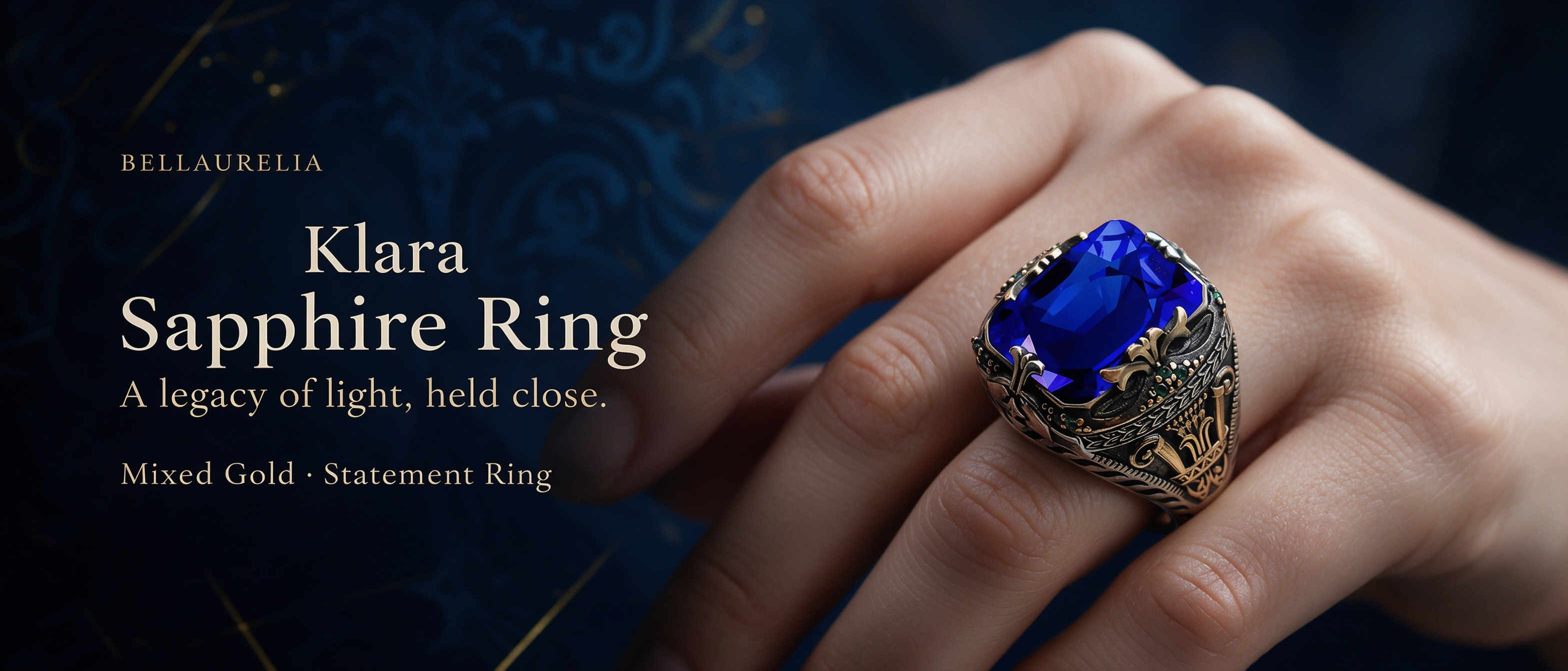 Antique heraldic blue cushion cubic zirconia signet ring for men, mixed silver gold engraved details, royal vintage statement ring
