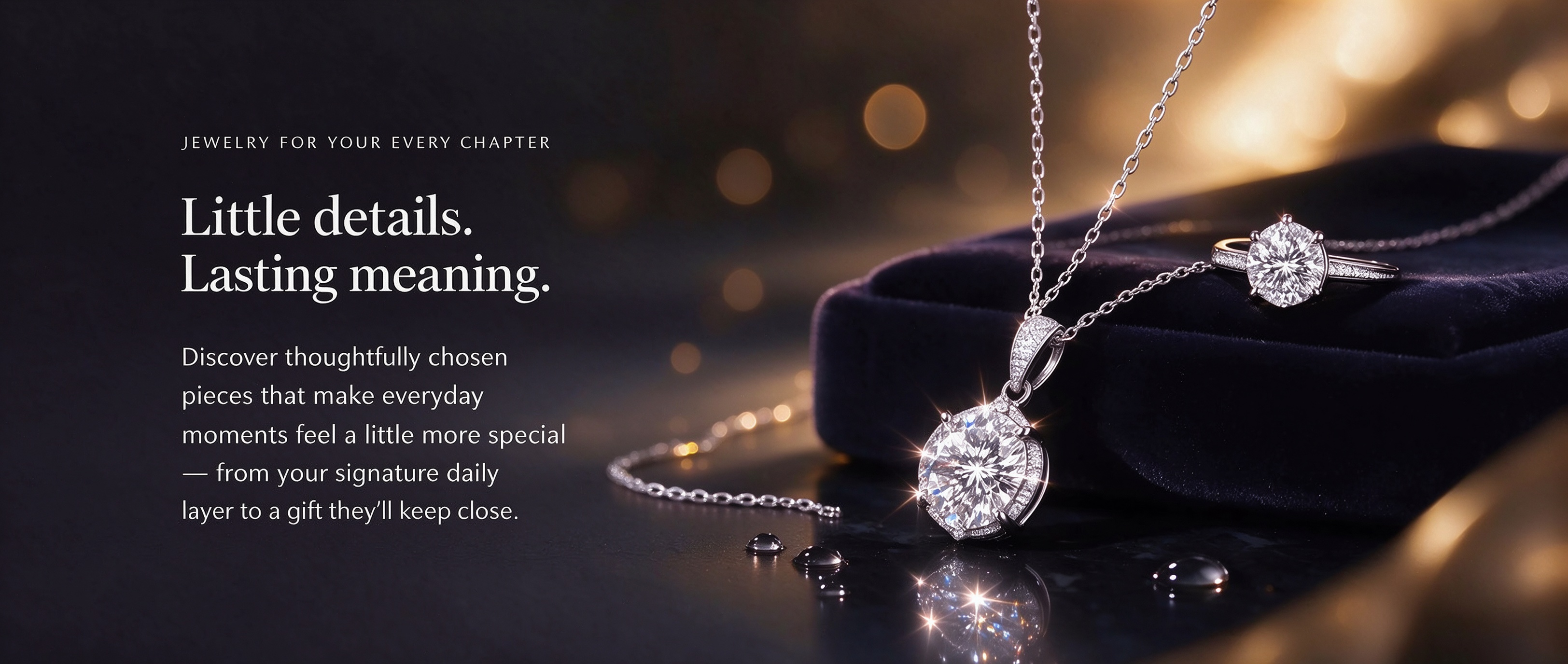 Round brilliant cut cubic zirconia pendant necklace and ring set, vintage luxury silver plated jewelry, sparkling simulated diamond jewelry on dark velvet, bokeh golden background