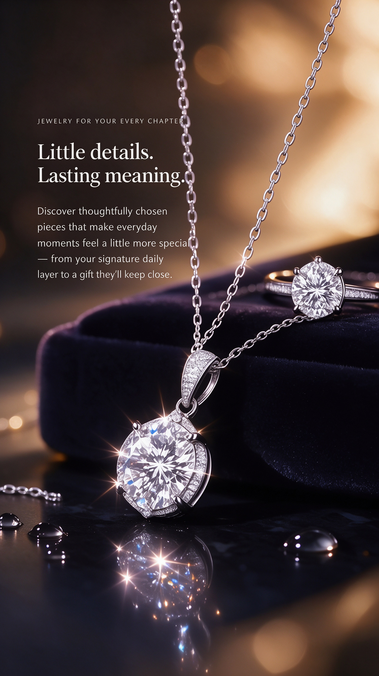 Luxury round brilliant cubic zirconia necklace and matching ring jewelry set, silver plated fashion statement jewelry, sparkling simulated diamond pendant, dark velvet jewelry box, warm golden bokeh background, elegant wedding banquet accessories