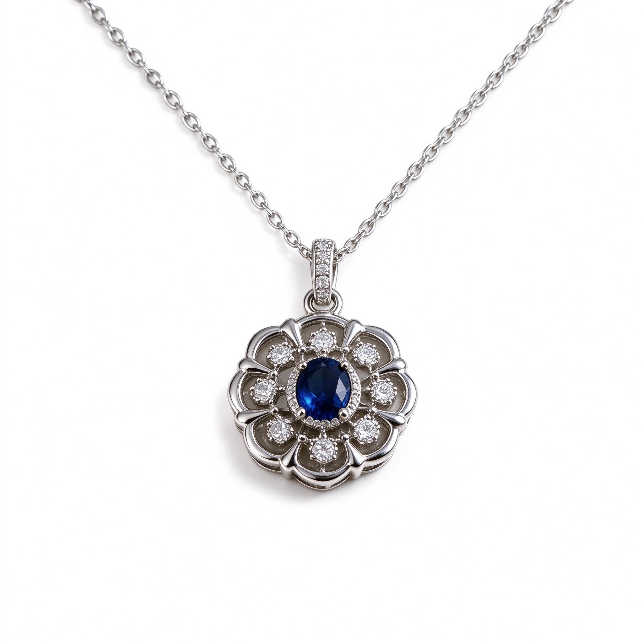 Bellaurelia Vintage Floral Sapphire Blue Gemstone Silver Pendant Necklace