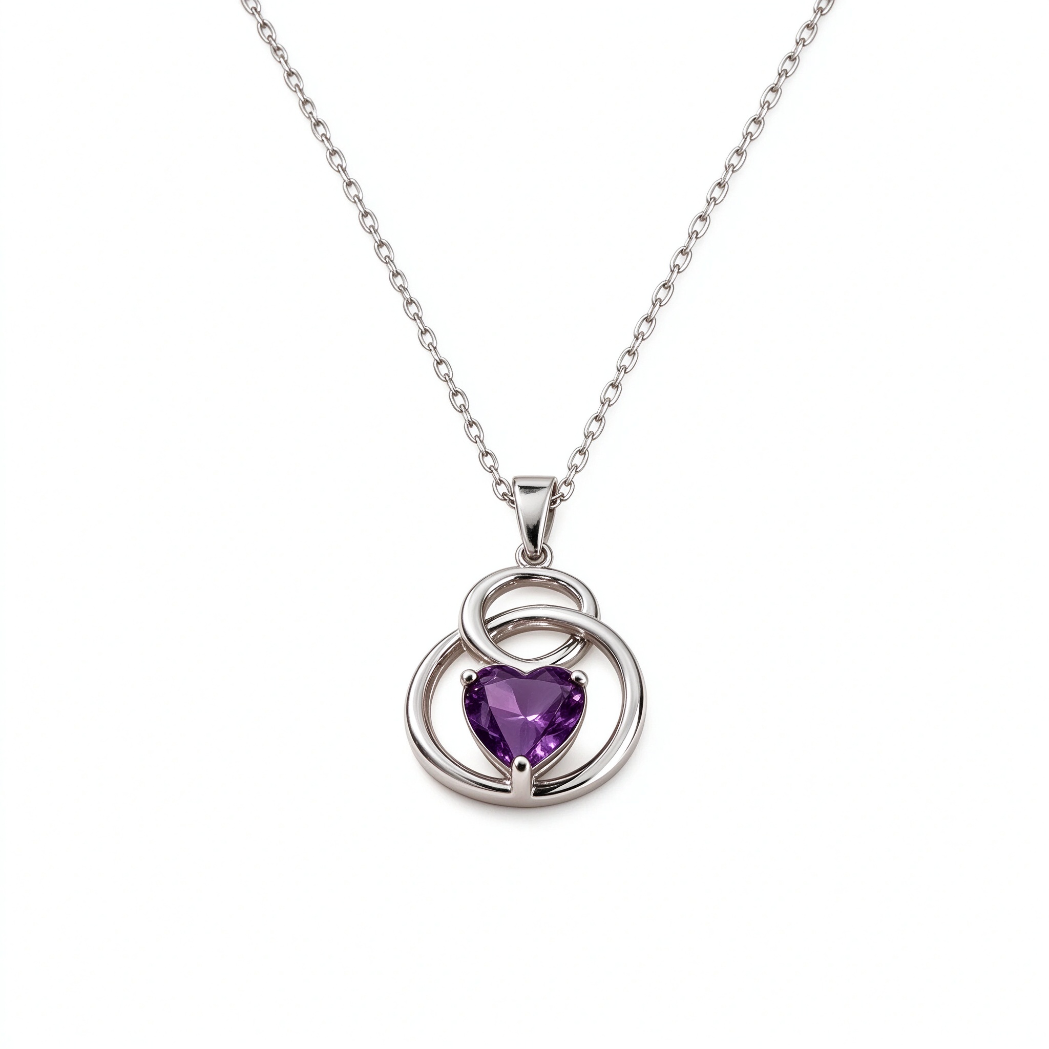Bellaurelia Interlocking Eternity Rings & Purple Heart Silver Necklace