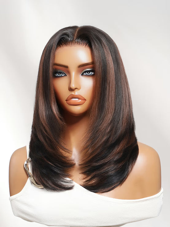 Richmond GB Hair 7x5 No-Slip Glueless Lace Wig Brown Highlight Sleek Straight Bob Wig with Face Framing Layers - Multi-Angle View 2