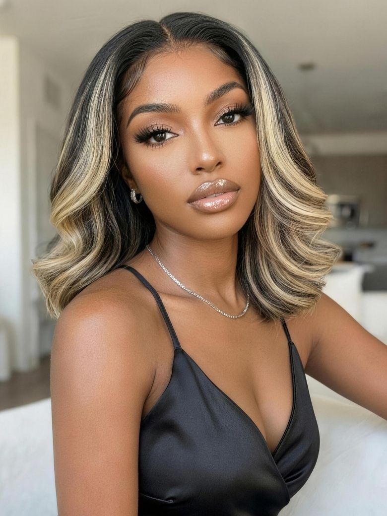 Richmond GB Hair 7x5 No-slip Cap Glueless Lace Ash Blonde Highlight Feathered Layered Blowout Short Bob Human Hair Wig - Front View