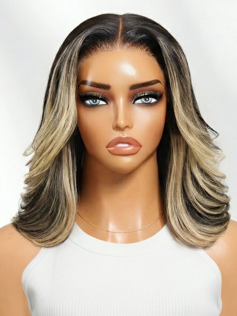 Richmond GB Hair 7x5 No-slip Cap Glueless Lace Ash Blonde Highlight Feathered Layered Blowout Short Bob Human Hair Wig - Multi-Angle View 2