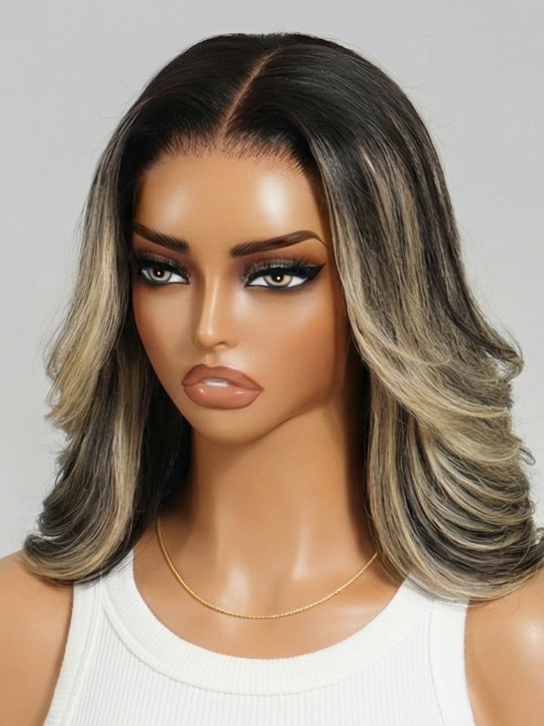 Richmond GB Hair 7x5 No-slip Cap Glueless Lace Ash Blonde Highlight Feathered Layered Blowout Short Bob Human Hair Wig - Multi-Angle View 3