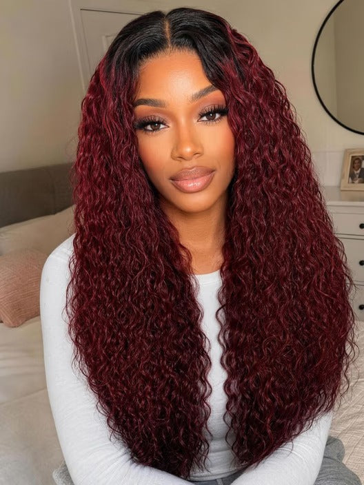 Richmond GB Hair 99J Burgundy Water Wave Wig with Dark Roots Glueless Wig 7x5 Glueless Lace Put On&Go - Front View