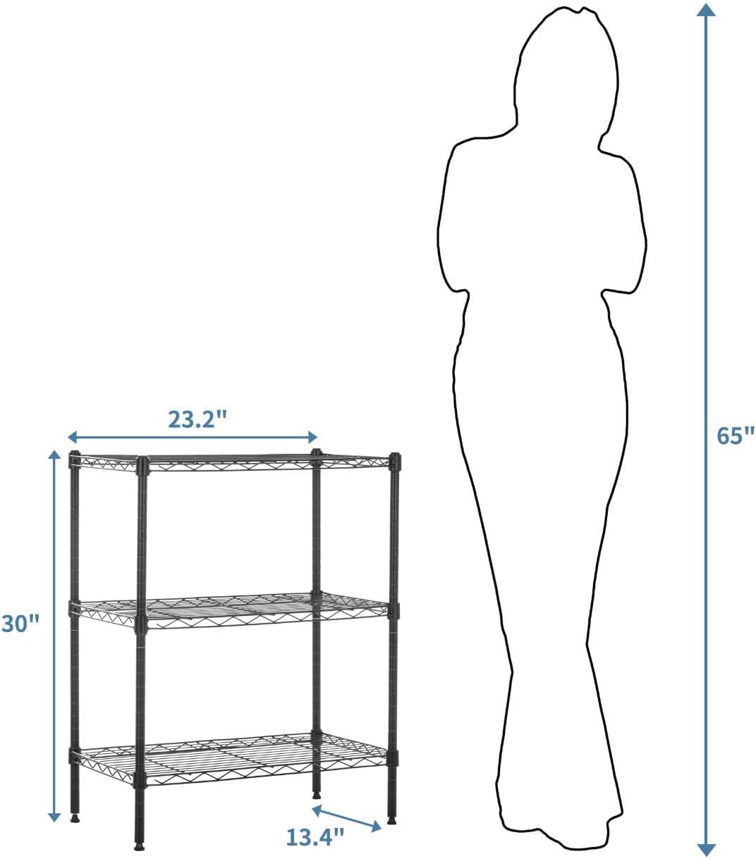3-Tier Heavy Duty Steel Shelving Unit with Adjustable Shelves, 34x58.9x76.2cm - Black-Zinamarket