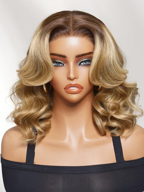 Richmond GB Hair 7x5 Lace No Slip Wig Brown Rooted Honey Blonde Body Wave Bob Wig with Caramel Highlights Human Hair Wig - Multi-Angle View 2