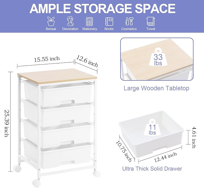4-Drawer Rolling Storage Trolley Cart with Wooden Top & Lockable Wheels - White-Zinamarket