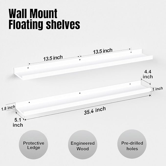 90cm Wooden Floating Wall Shelves with Anti-Slip Front Lip, Set of 2 - White-Zinamarket