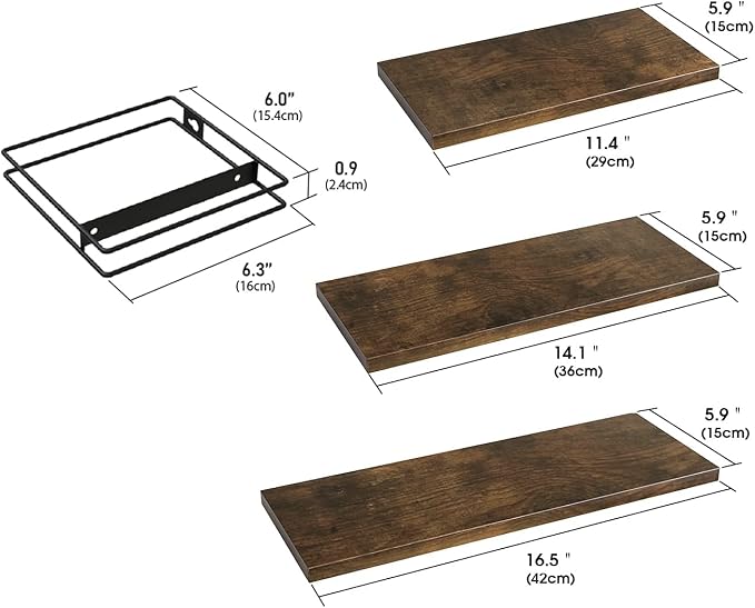 Torched Wood Floating Shelves with Black Wire Metal Frames, Set of 3 Wall Mounted Racks-Zinamarket