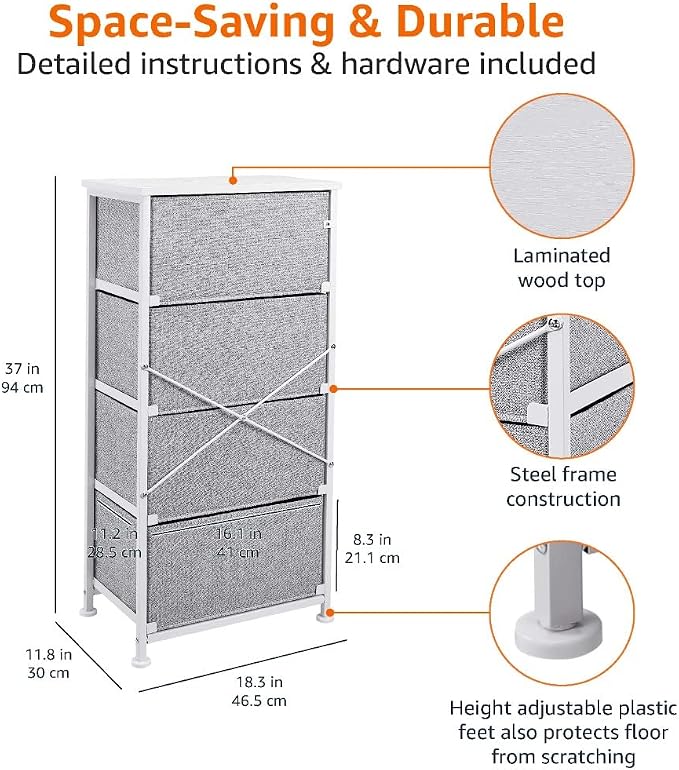 4-Drawer Fabric Storage Organiser Unit with Steel Frame & Wooden Top, 30x46.5x94cm - White-Zinamarket