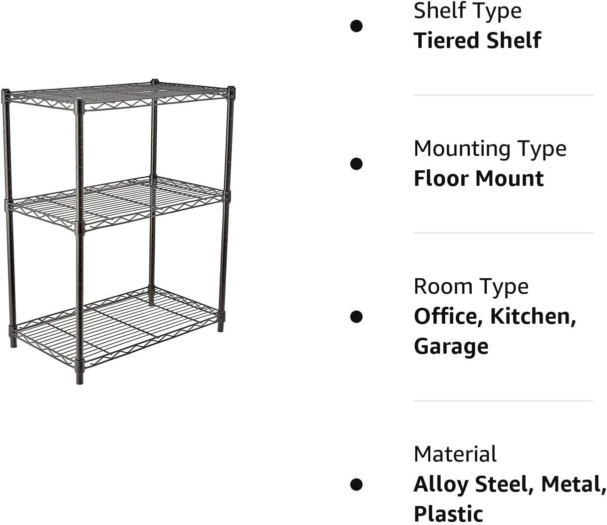 3-Tier Heavy Duty Steel Shelving Unit with Adjustable Shelves, 34x58.9x76.2cm - Black-Zinamarket