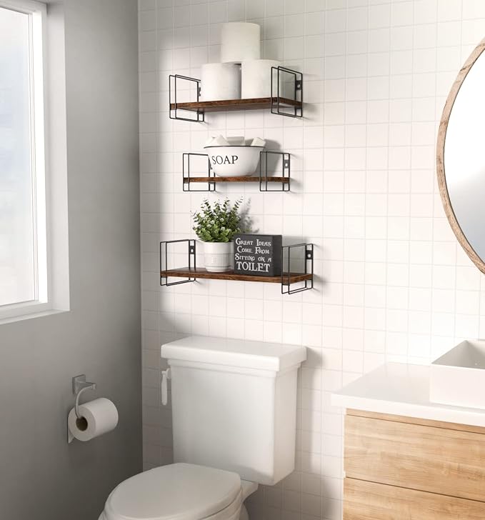 Torched Wood Floating Shelves with Black Wire Metal Frames, Set of 3 Wall Mounted Racks-Zinamarket