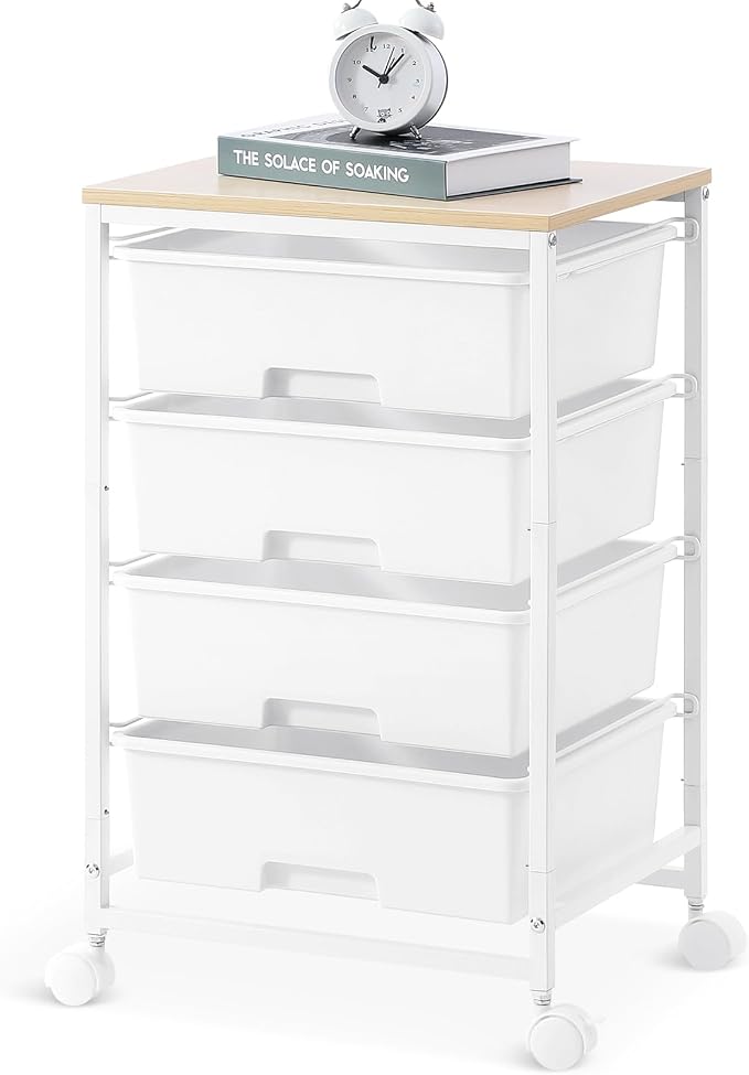 4-Drawer Rolling Storage Trolley Cart with Wooden Top & Lockable Wheels - White-Zinamarket