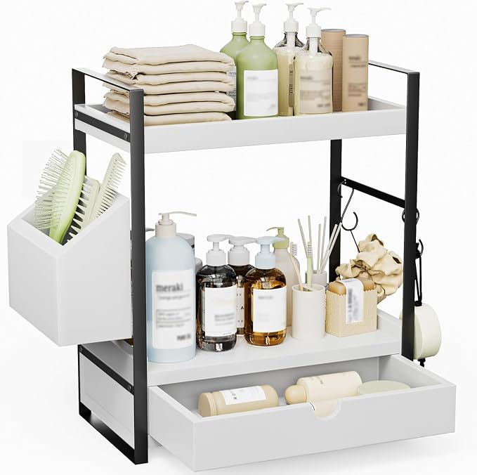 2-Tier Bathroom Countertop Organiser with Storage Drawer, Side Basket & Hooks - White-Zinamarket