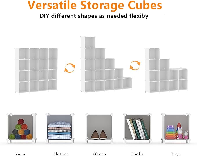 16-Cube Modular Storage Organiser with Polypropylene Panels & Metal Frame - White-Zinamarket