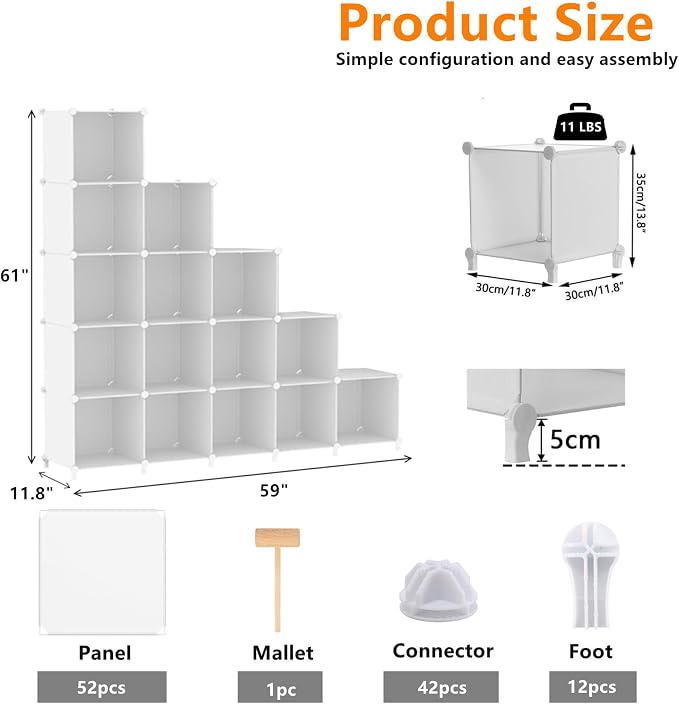 16-Cube Modular Storage Organiser with Polypropylene Panels & Metal Frame - White-Zinamarket
