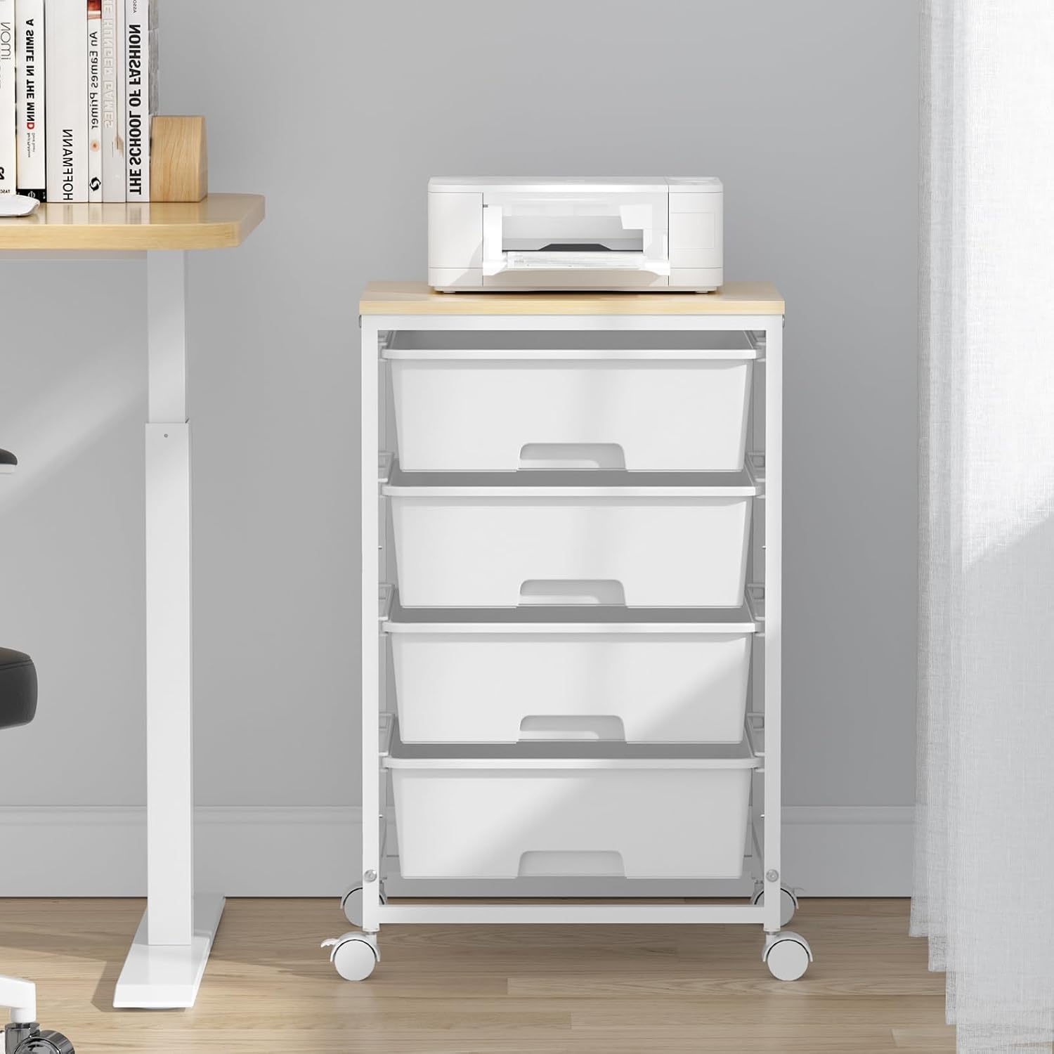 4-Drawer Rolling Storage Trolley Cart with Wooden Top & Lockable Wheels - White-Zinamarket