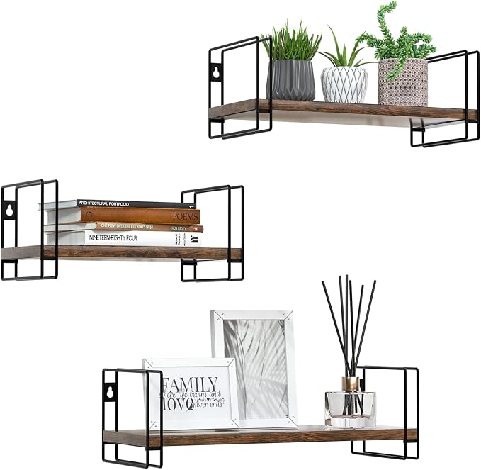 Torched Wood Floating Shelves with Black Wire Metal Frames, Set of 3 Wall Mounted Racks-Zinamarket
