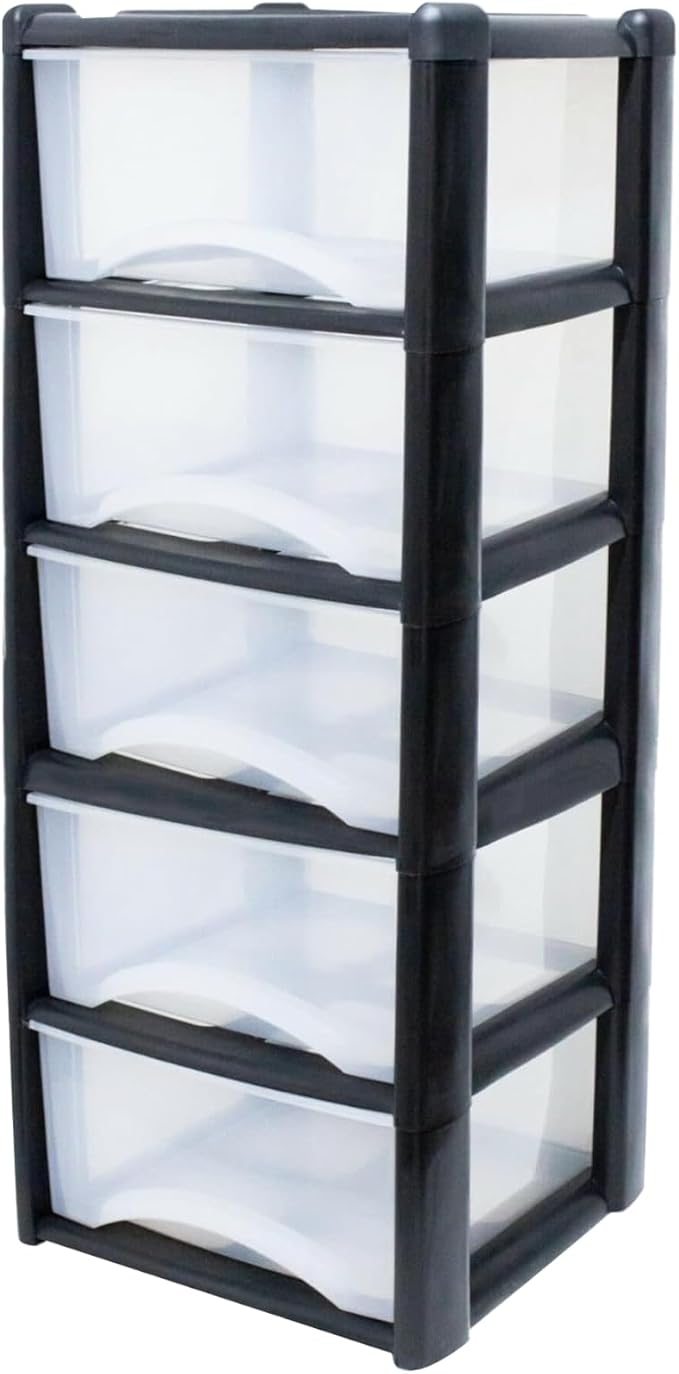 5-Tier Plastic Storage Drawer Tower with Clear Drawers, 100x39x39cm - Black & Clear-Zinamarket