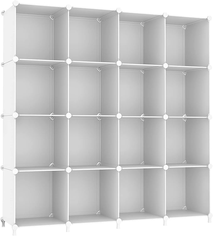 16-Cube Modular Storage Organiser with Polypropylene Panels & Metal Frame - White-Zinamarket