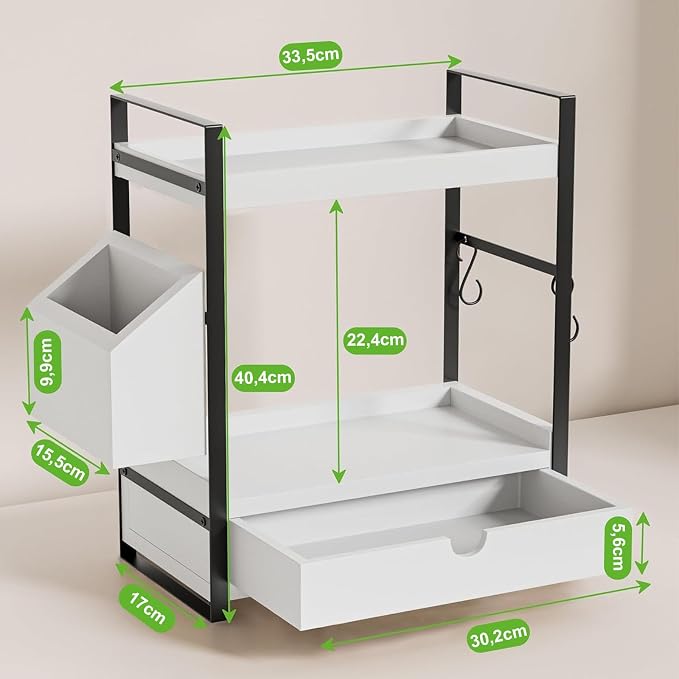 2-Tier Bathroom Countertop Organiser with Storage Drawer, Side Basket & Hooks - White-Zinamarket