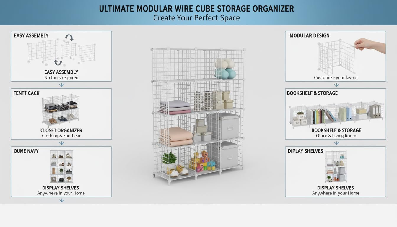 12-Cube Modular Metal Grid Storage Unit, DIY Stackable Wire Bookcase - White-Zinamarket
