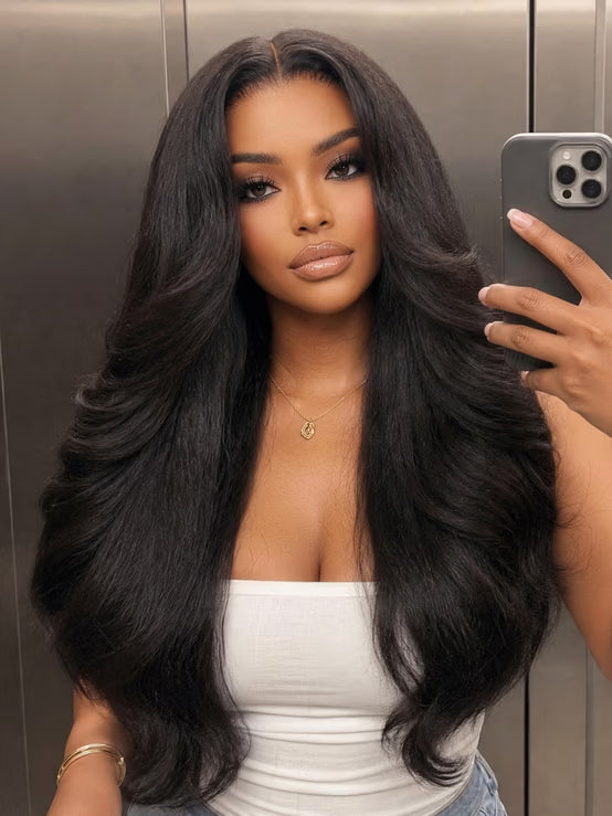 Richmond GB Hair 7x5 Glueless Lace Natural Black 90s Layered Blow-out Kinky Straight Human Hair Wig - Front View