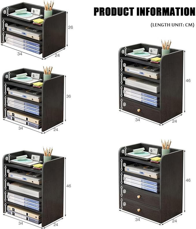 4-Tier Desktop Storage Organiser Shelf with File Drawers & Guardrails - Nero Black-Zinamarket