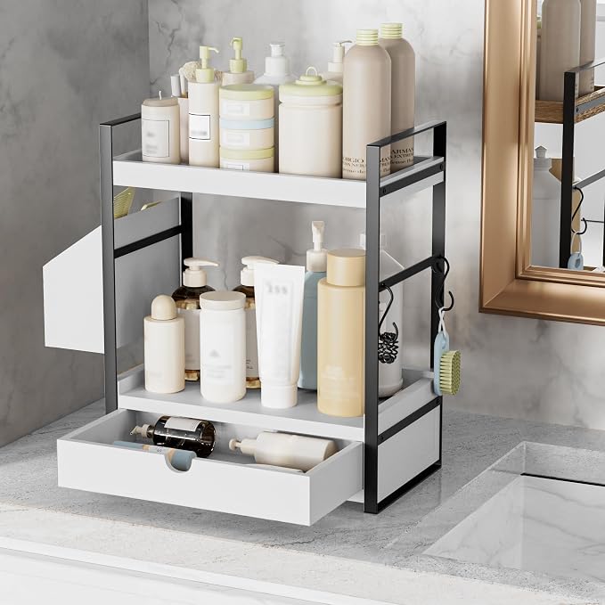 2-Tier Bathroom Countertop Organiser with Storage Drawer, Side Basket & Hooks - White-Zinamarket