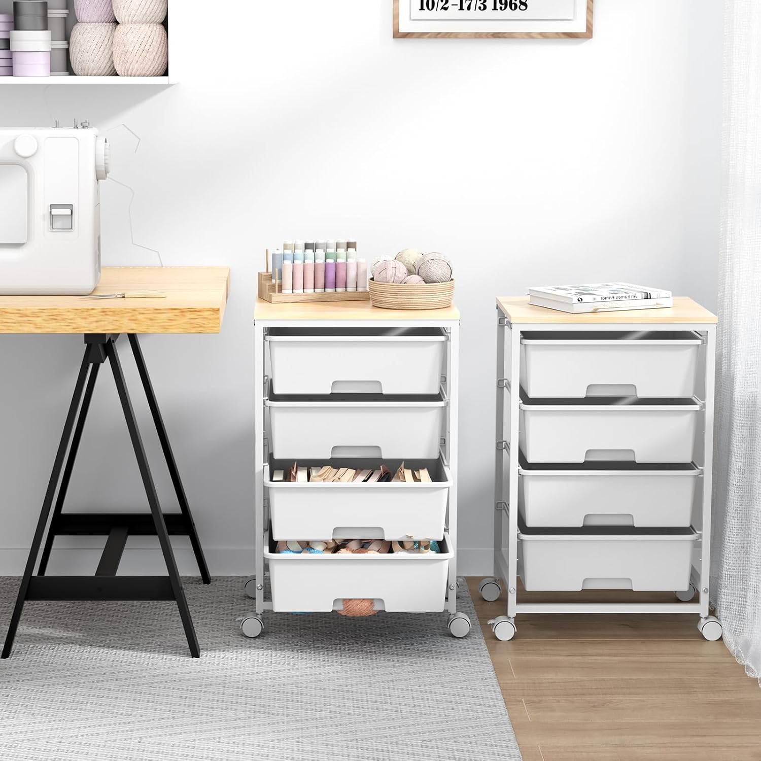 4-Drawer Rolling Storage Trolley Cart with Wooden Top & Lockable Wheels - White-Zinamarket