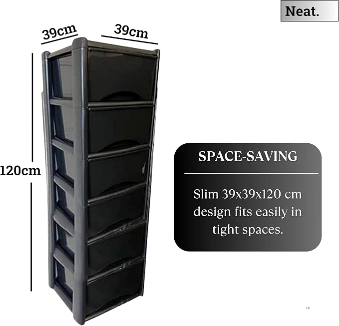 6-Tier Tall Plastic Storage Drawer Unit with Clear Drawers, 120x39x39cm - Black-Zinamarket