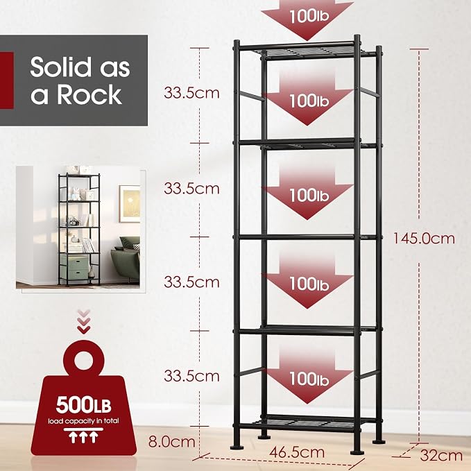 5-Tier Metal Storage Shelving Unit with Adjustable Leveling Feet, 46.5x32x145cm - Black-Zinamarket