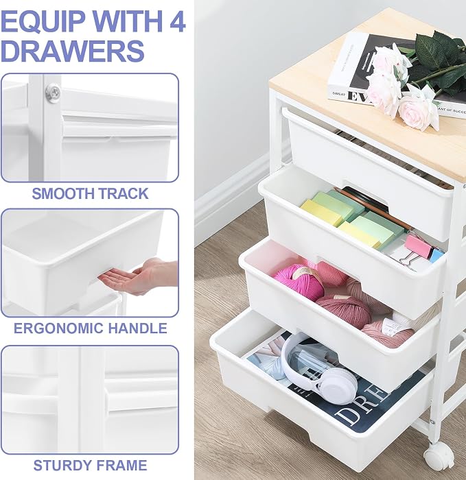 4-Drawer Rolling Storage Trolley Cart with Wooden Top & Lockable Wheels - White-Zinamarket