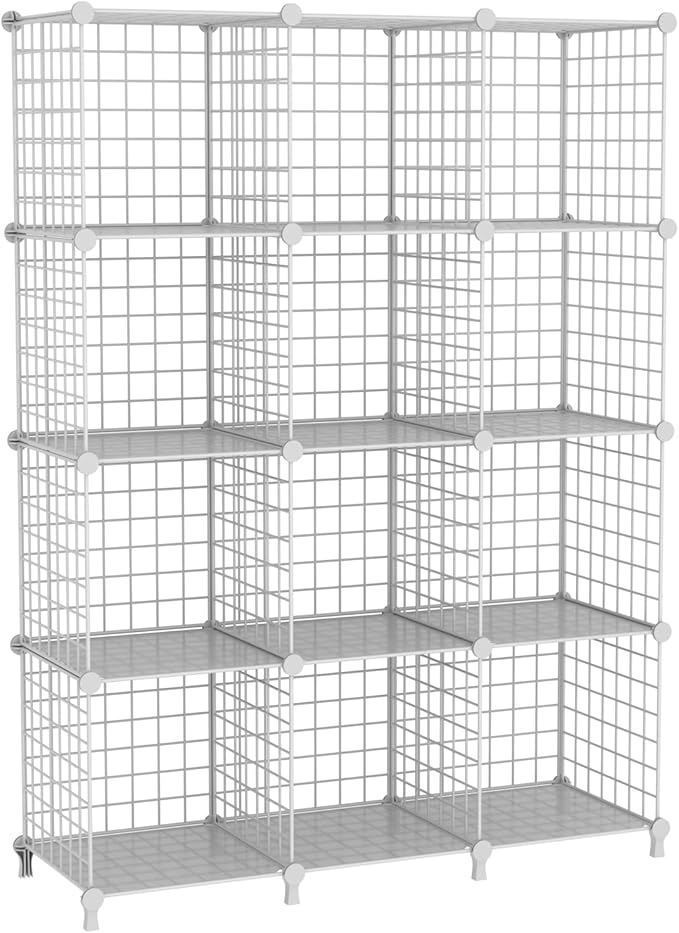 12-Cube Modular Metal Grid Storage Unit, DIY Stackable Wire Bookcase - White-Zinamarket
