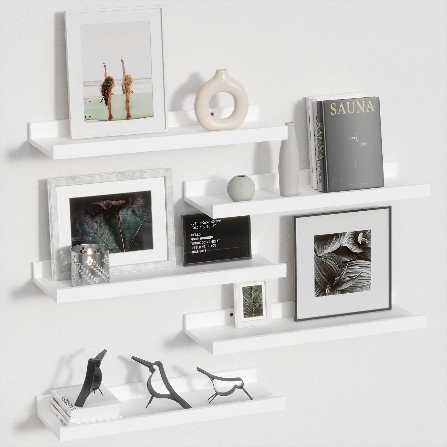 90cm Wooden Floating Wall Shelves with Anti-Slip Front Lip, Set of 2 - White-Zinamarket