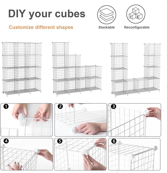 12-Cube Modular Metal Grid Storage Unit, DIY Stackable Wire Bookcase - White-Zinamarket