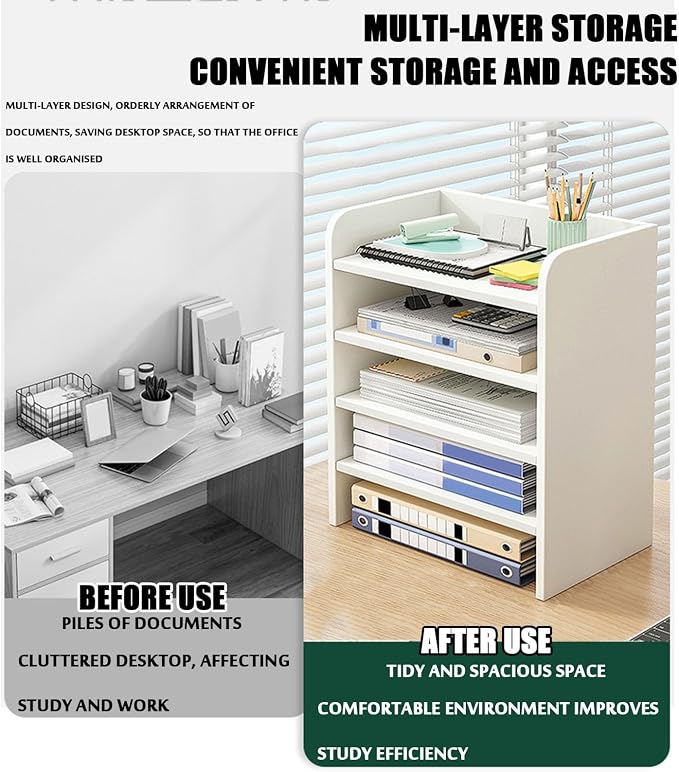 4-Tier Desktop Storage Organiser Shelf with File Drawers & Guardrails - Nero Black-Zinamarket