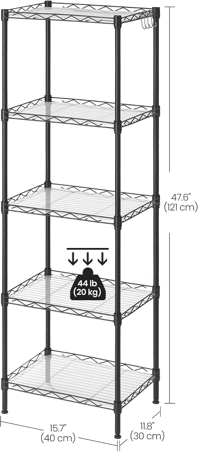 5-Tier Metal Wire Shelving Unit with 8 Side Hooks & PP Liners, 30x40x121cm - Black-Zinamarket