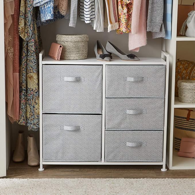 5-Drawer Fabric Storage Tower with Wooden Top & Steel Frame, Closet Chest - White-Zinamarket