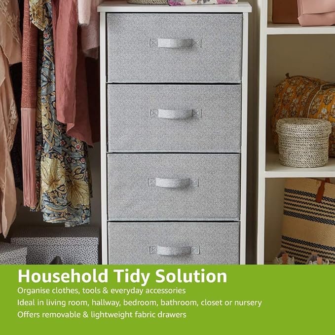 4-Drawer Fabric Storage Organiser Unit with Steel Frame & Wooden Top, 30x46.5x94cm - White-Zinamarket