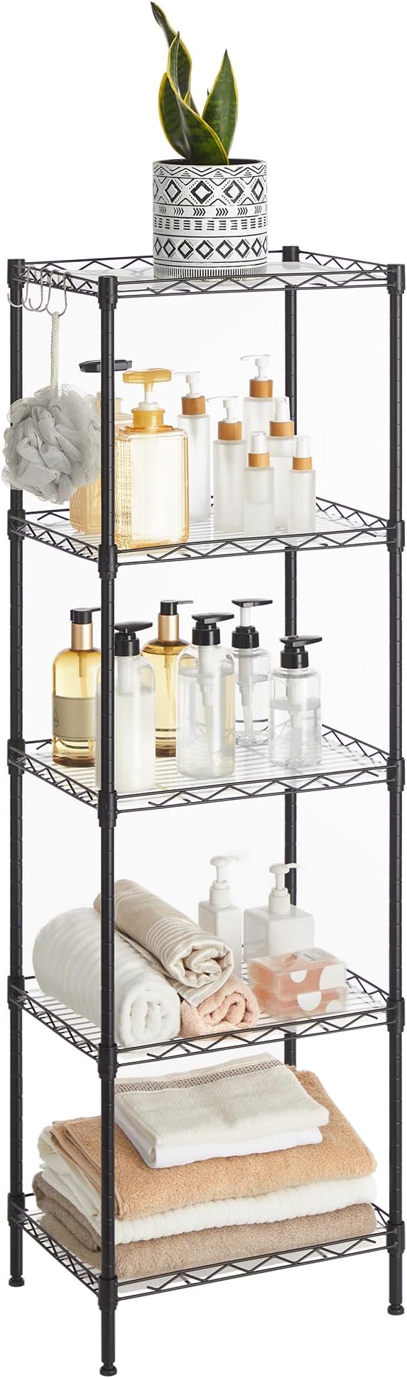 5-Tier Metal Wire Shelving Unit with 8 Side Hooks & PP Liners, 30x40x121cm - Black-Zinamarket