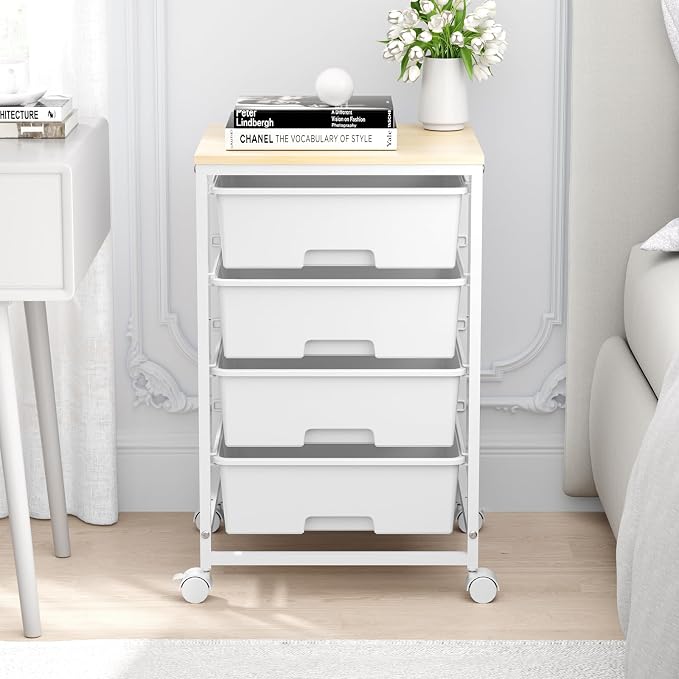4-Drawer Rolling Storage Trolley Cart with Wooden Top & Lockable Wheels - White-Zinamarket